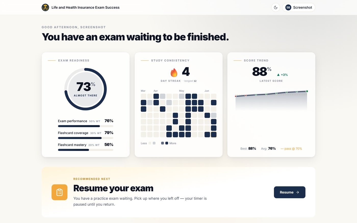Your dashboard — Readiness score, streaks, and where you left off